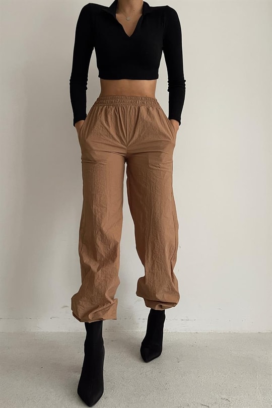 Elastik Beli Paraşüt Pantolon Camel