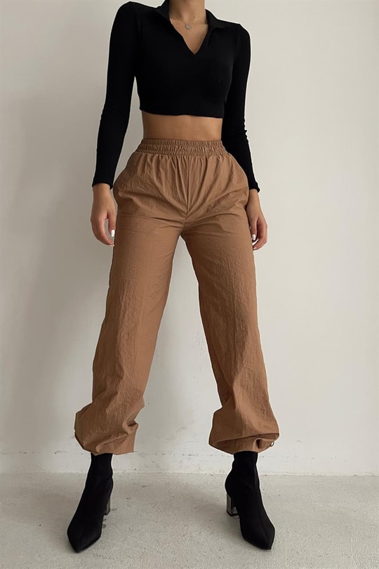 Elastik Beli Paraşüt Pantolon Camel