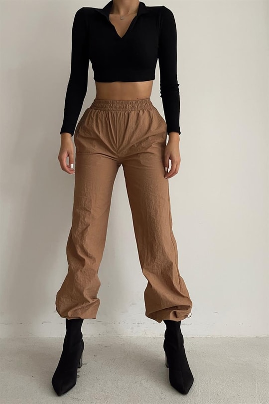 Elastik Beli Paraşüt Pantolon Camel