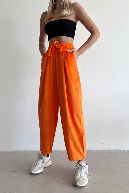 Elastik Belli Kadife Pantolon Turuncu