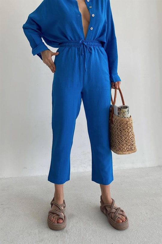 Elastik Belli Keten Pantolon Saks Mavisi