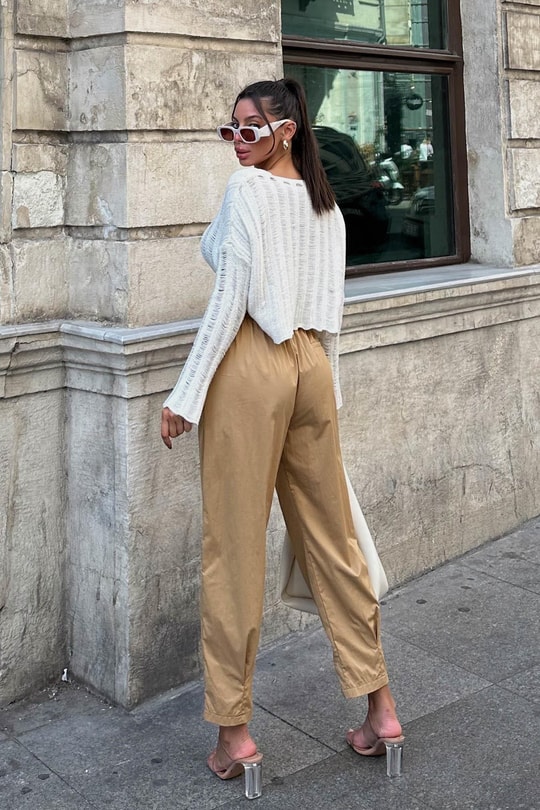 Elastik Belli Paraşüt Dikişli Pantolon Camel