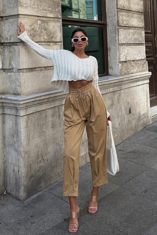 Elastik Belli Paraşüt Dikişli Pantolon Camel