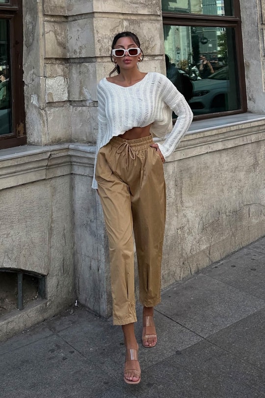 Elastik Belli Paraşüt Dikişli Pantolon Camel