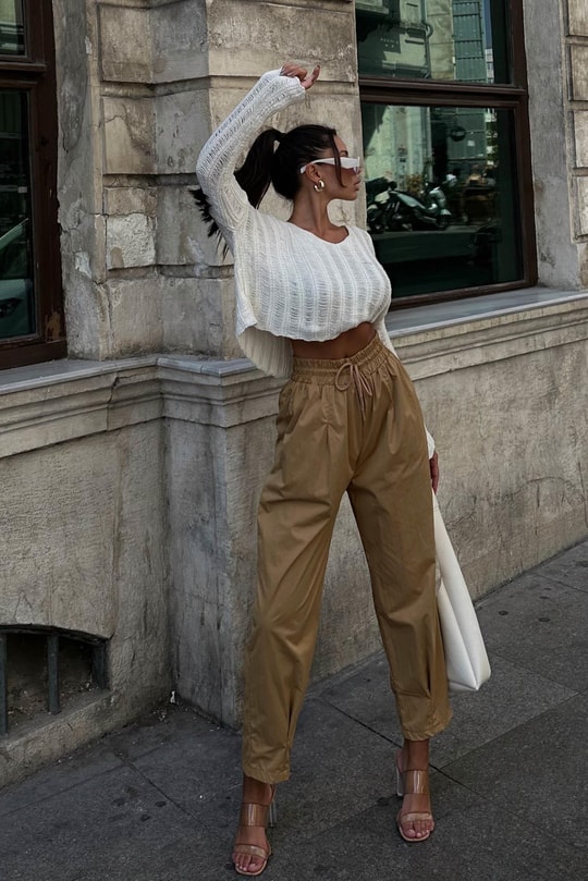 Elastik Belli Paraşüt Dikişli Pantolon Camel