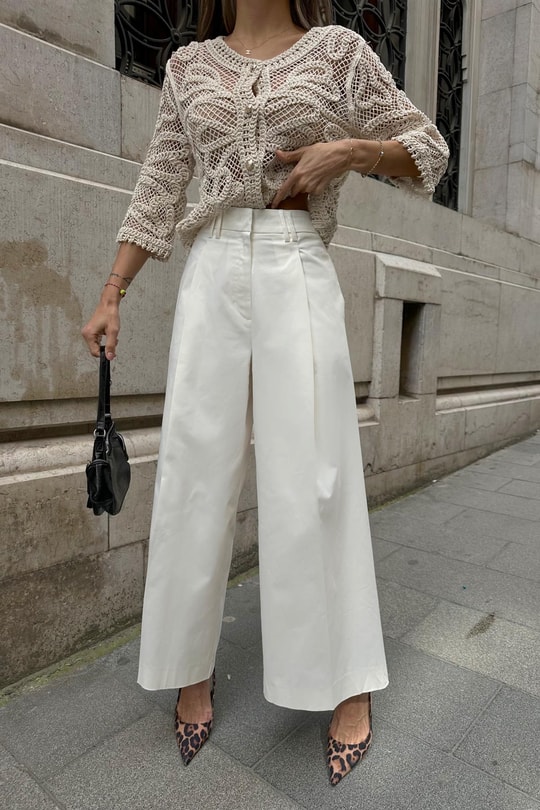 Gabardin Katlamalı Pantolon Beyaz