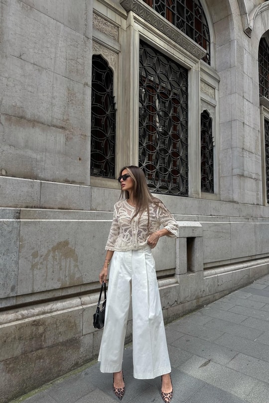 Gabardin Katlamalı Pantolon Beyaz