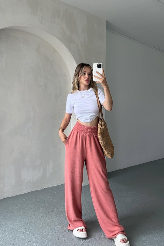 Geniş Bel Lastikli Palazzo Pantolon Gül Kurusu
