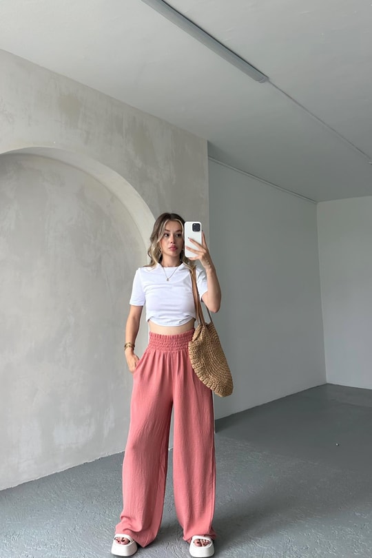 Geniş Bel Lastikli Palazzo Pantolon Gül Kurusu