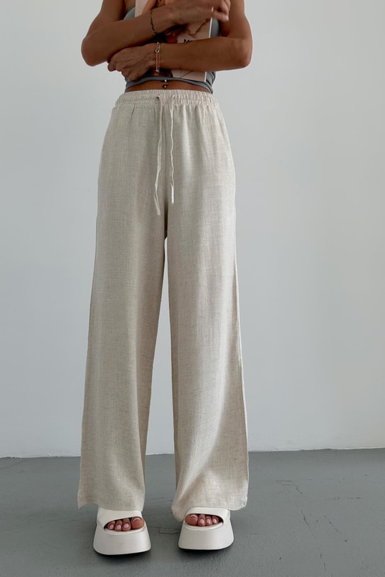 Geniş Paça Keten Pantolon Taş