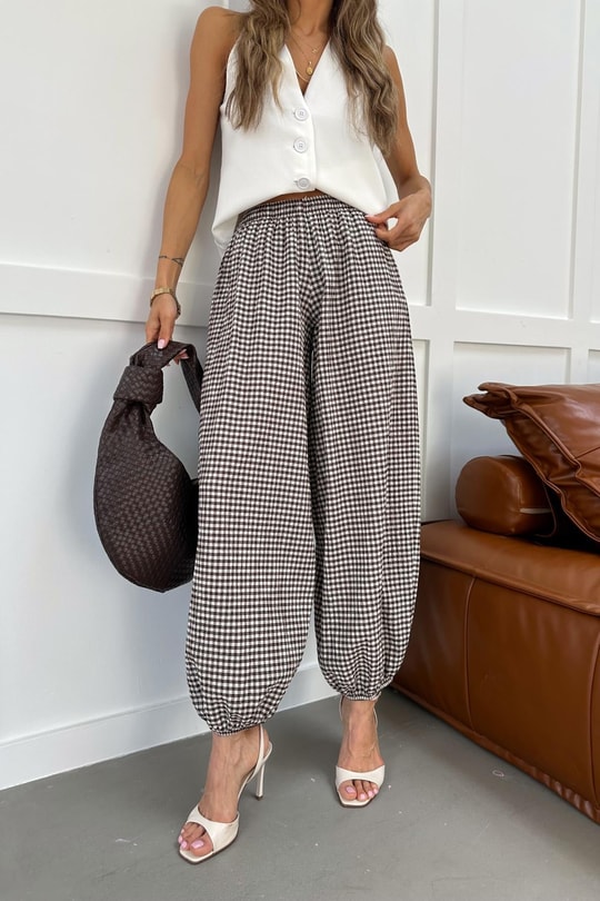 Kareli Jogger  Pantolon Kahve