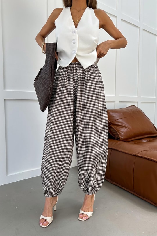 Kareli Jogger  Pantolon Kahve
