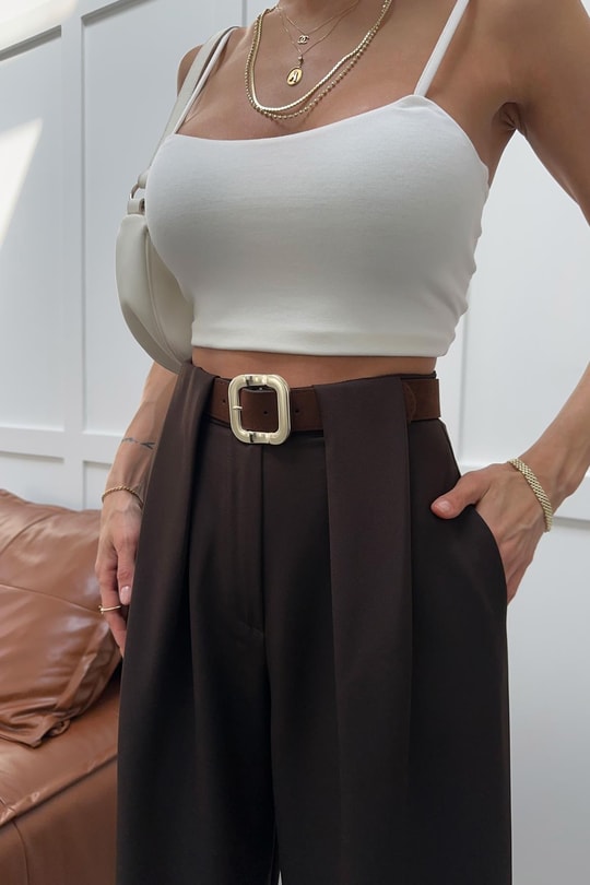 Kemerli Bol Paça Double Pantolon Kahve