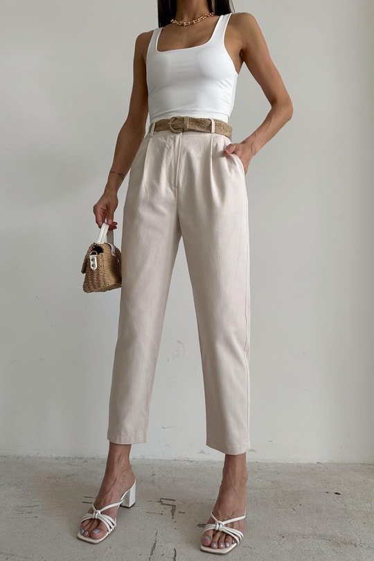 Kemerli Carrot Fit Pantolon Taş