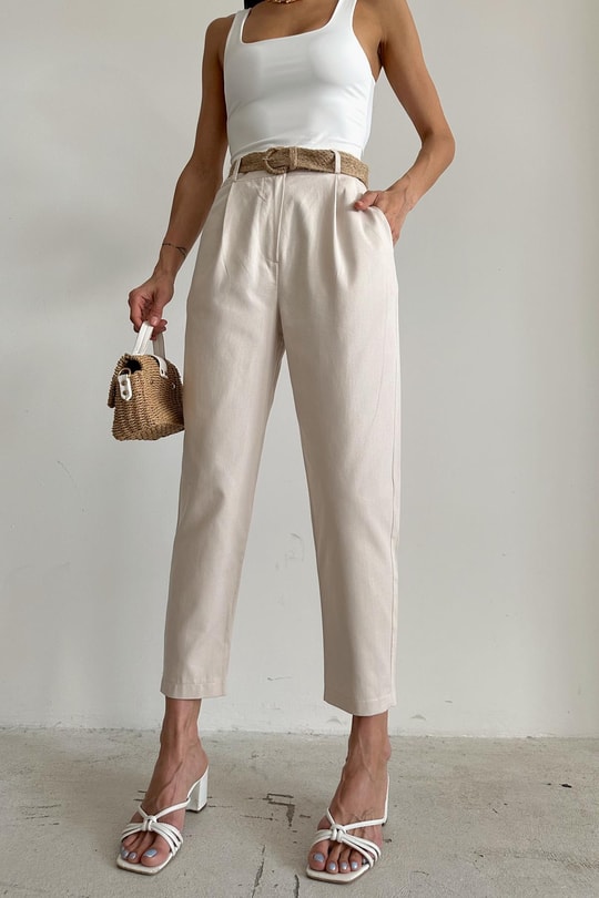 Kemerli Carrot Fit Pantolon Taş