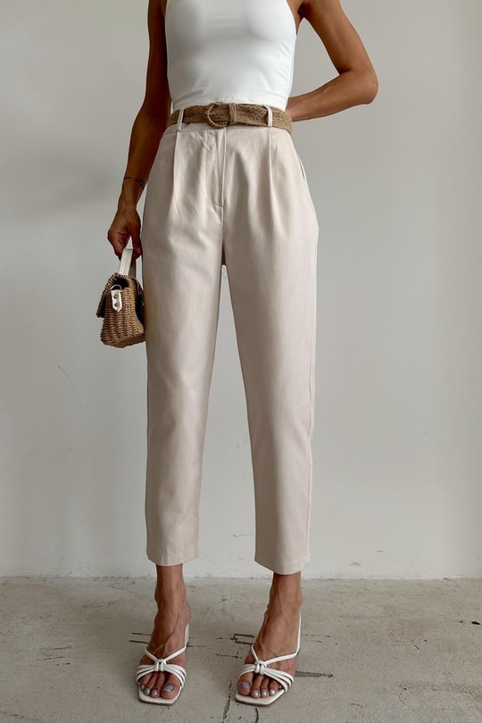 Kemerli Carrot Fit Pantolon Taş