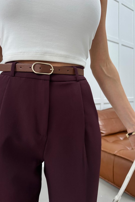 Kemerli Havuç Model Crep Pantolon Mürdüm