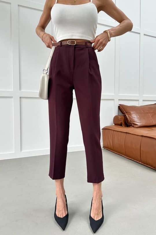 Kemerli Havuç Model Crep Pantolon Mürdüm