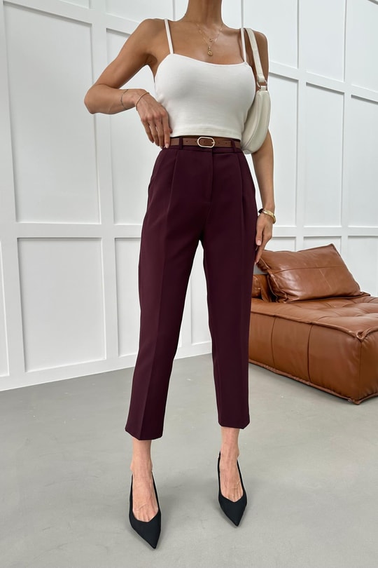 Kemerli Havuç Model Crep Pantolon Mürdüm