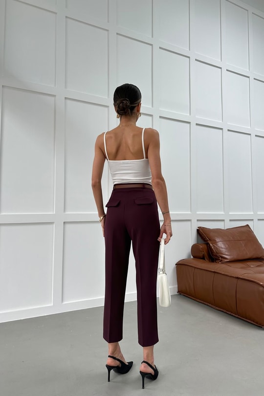 Kemerli Havuç Model Crep Pantolon Mürdüm
