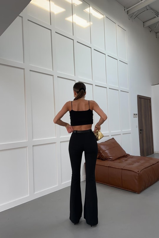 Kemerli İpanyol Paça Crep Pantolon Siyah