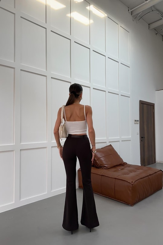Kemerli İpanyol Paça Crep Pantolon Kahve