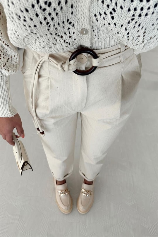 Kemerli Naturel Pantolon Taş