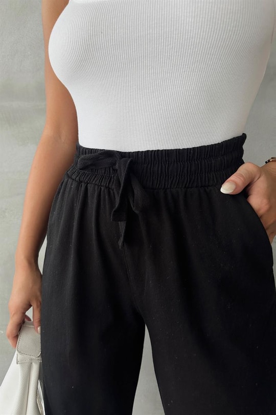 Kesik Paça Keten Jogger Pantolon Siyah