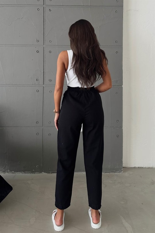 Kesik Paça Keten Jogger Pantolon Siyah