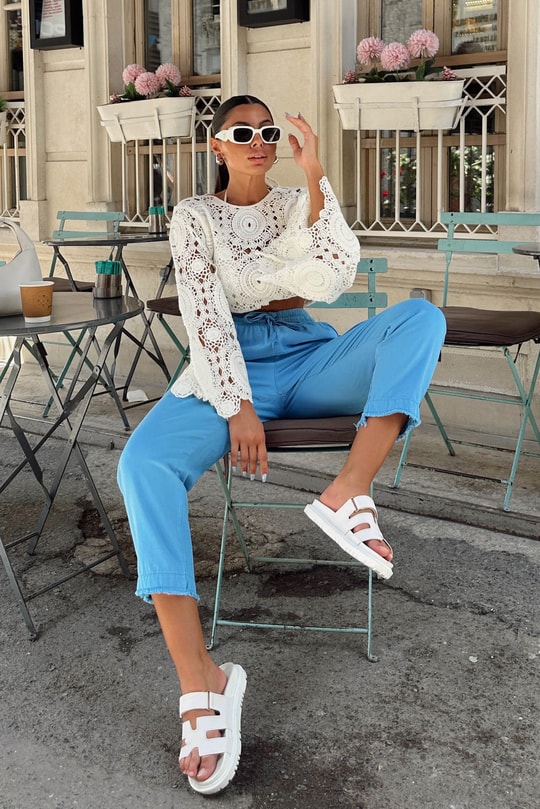 Kesik Paça Keten Jogger Pantolon Mavi