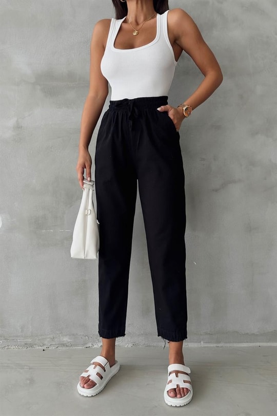 Kesik Paça Keten Jogger Pantolon Siyah