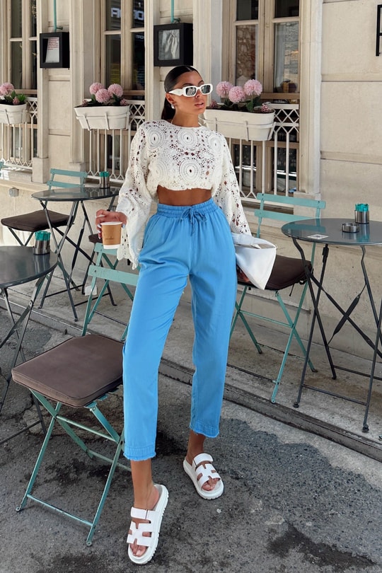 Kesik Paça Keten Jogger Pantolon Mavi