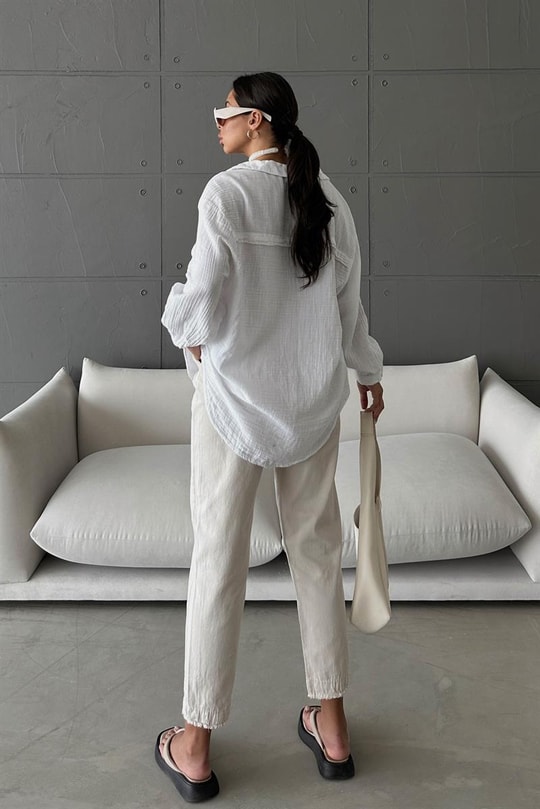 Kesik Paça Keten Jogger Pantolon Taş