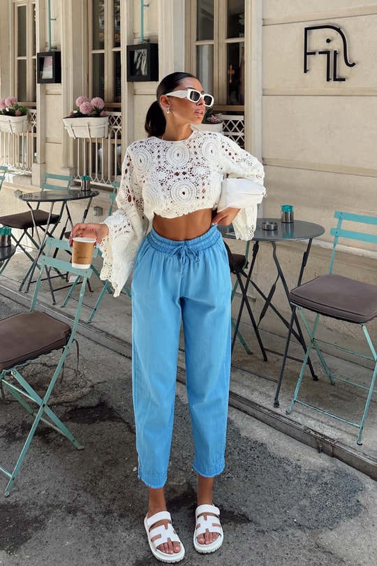 Kesik Paça Keten Jogger Pantolon Mavi
