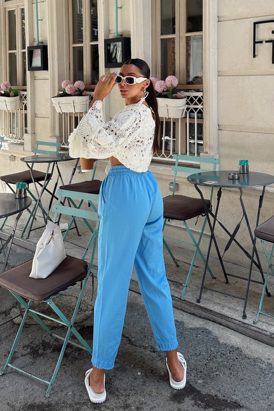 Kesik Paça Keten Jogger Pantolon Mavi