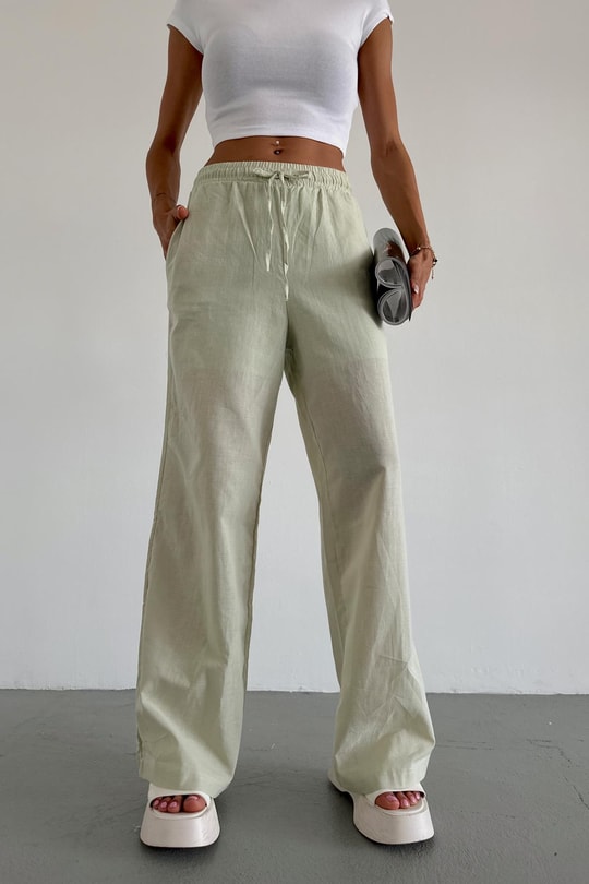 Keten Bağcıklı Pantolon Mint