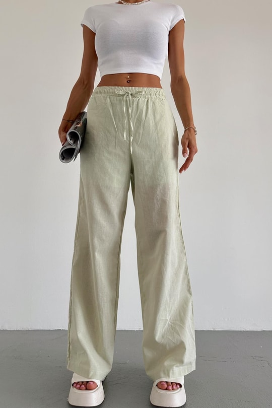 Keten Bağcıklı Pantolon Mint