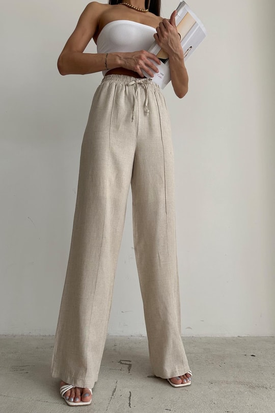 Keten Bağcıklı Pantolon Taş