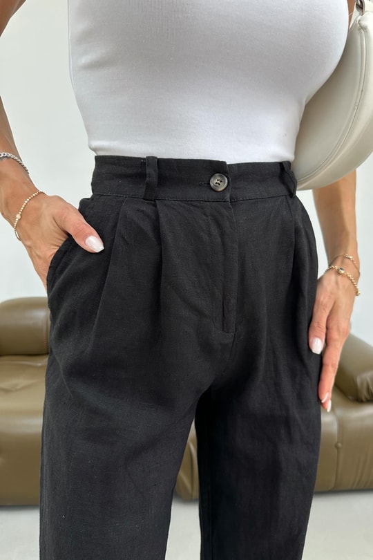 Keten Bol Pantolon Siyah