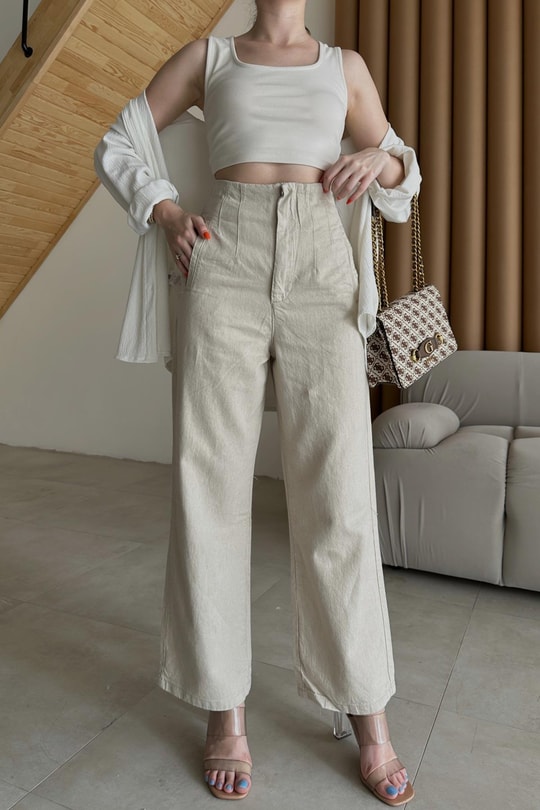 Keten Pileli Straight Pantolon Krem