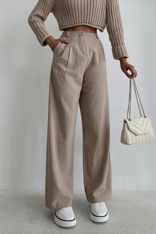 Keten Straight Pantolon Taş