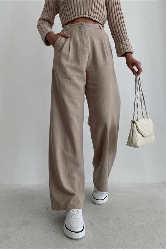 Keten Straight Pantolon Taş