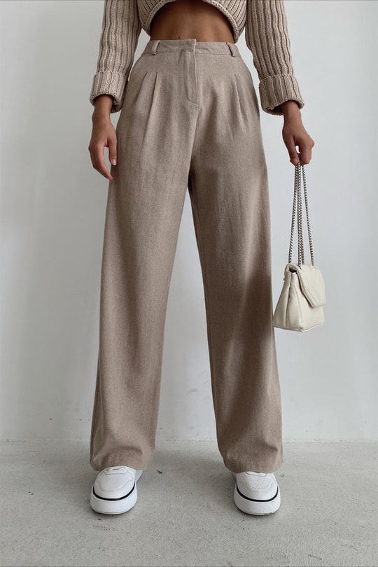 Keten Straight Pantolon Taş