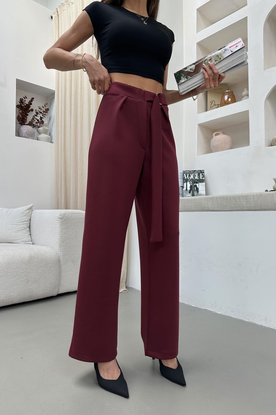 Kuşak Kemerli Palazzo Pantolon Bordo