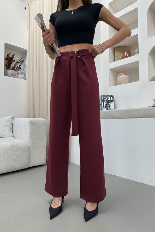 Kuşak Kemerli Palazzo Pantolon Bordo