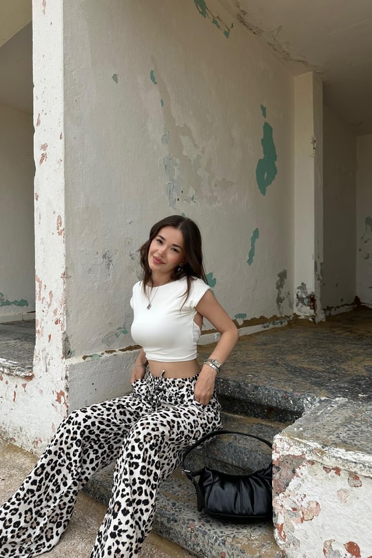 Leopar Bağcıklı Pantolon Krem