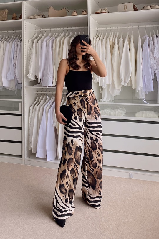 Leopar Desen Kemerli Palazzo Pantolon Siyah