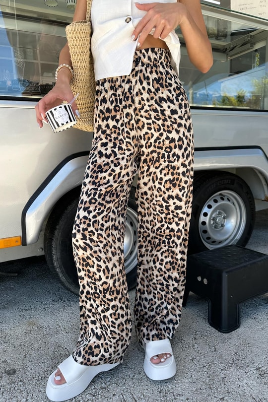 Leopar Saten Pantolon Bej