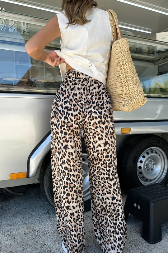 Leopar Saten Pantolon Bej