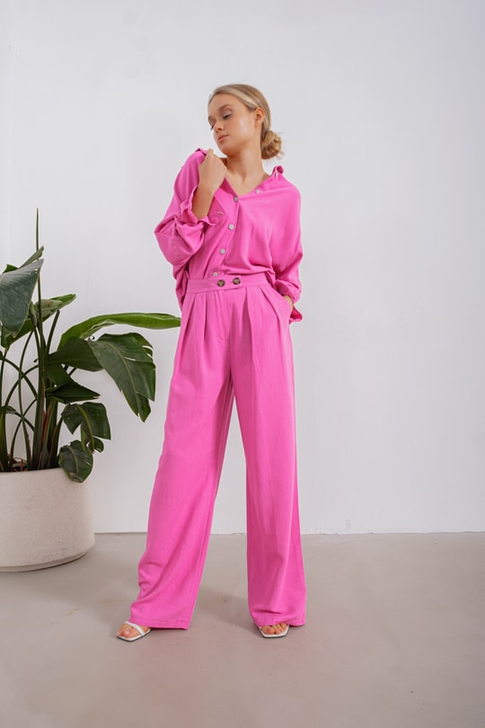 Maxii Paça Ham Keten Pantolon Pembe